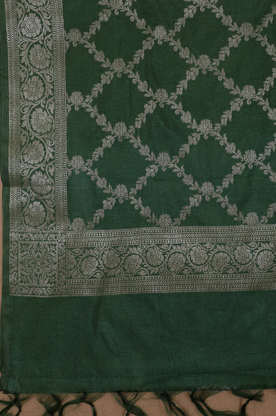 Green Floral Banarasi Silk Unstitched Suit Set with Dupatta