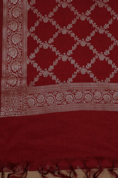 Red Butta Banarasi Silk Unstitched Suit Set with Dupatta