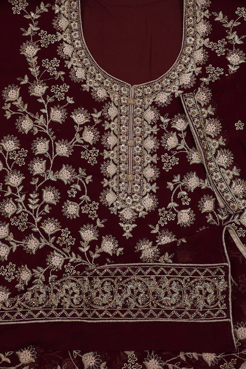 Maroon Georgette Embroidery Unstitched Suit Set with Dupatta