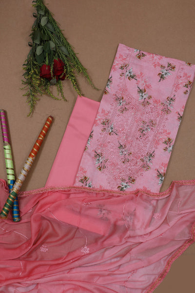 Pink Floral Jaam Cotton Unstitched Suit Set with Dupatta