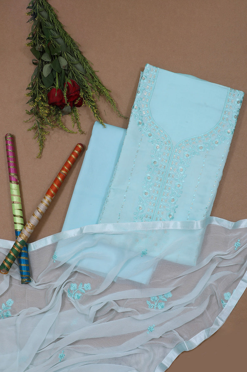 Sky Blue Jaam Silk Cotton Unstitched Suit Set with Dupatta