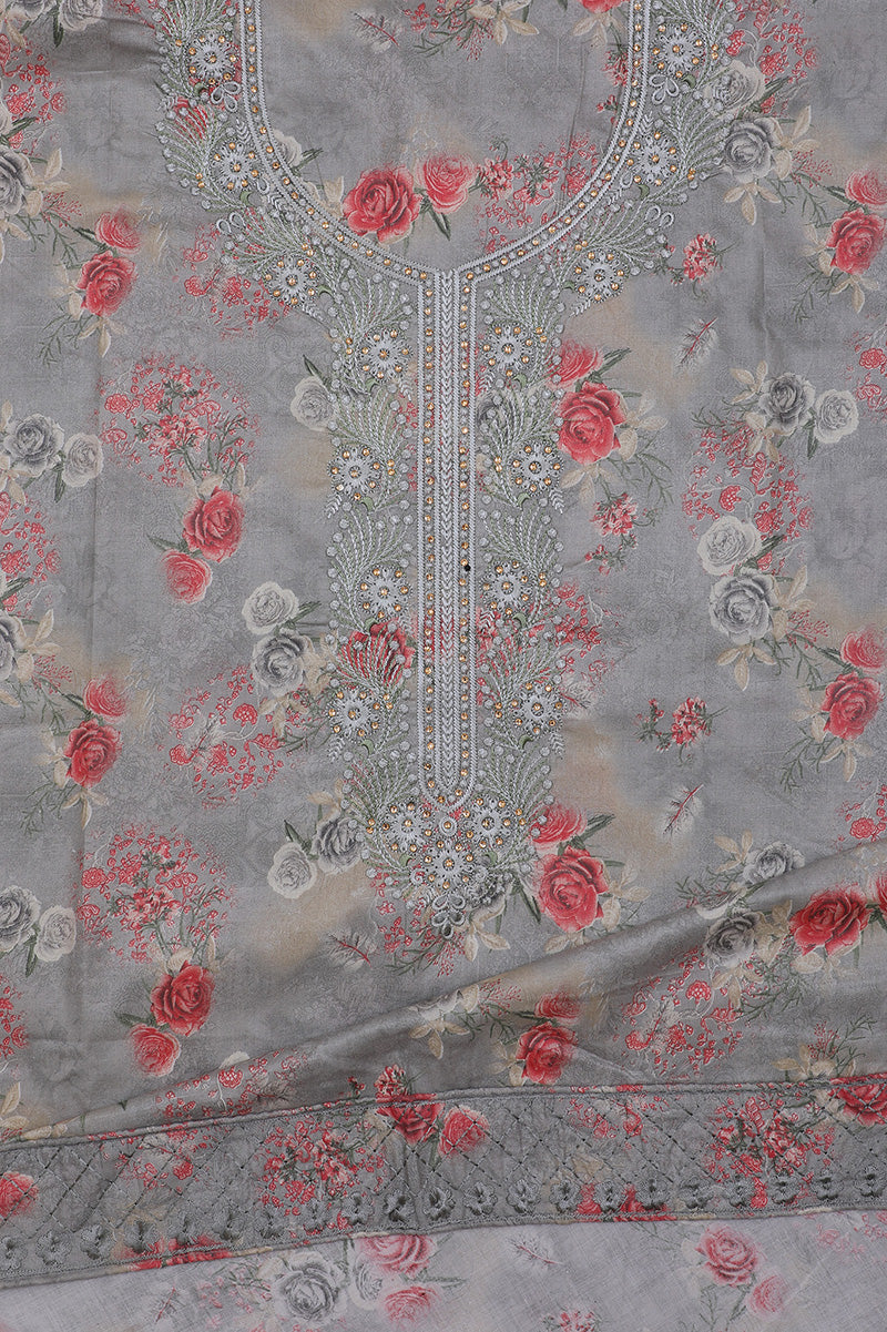 Gray Floral Jaam Silk Cotton Unstitched Suit Set with Dupatta