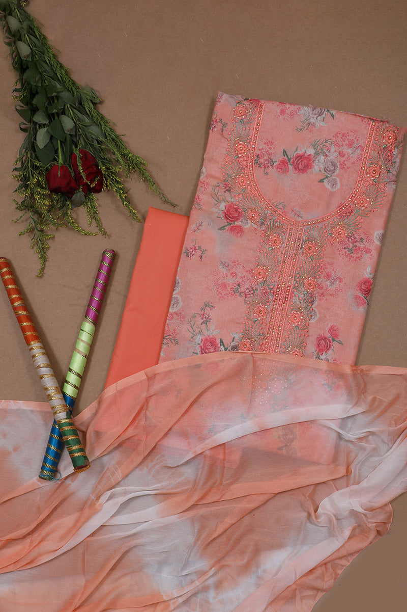 Orange Floral Jaam Silk Cotton Unstitched Suit Set with Dupatta
