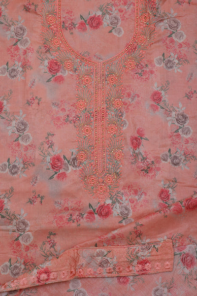 Orange Floral Jaam Silk Cotton Unstitched Suit Set with Dupatta