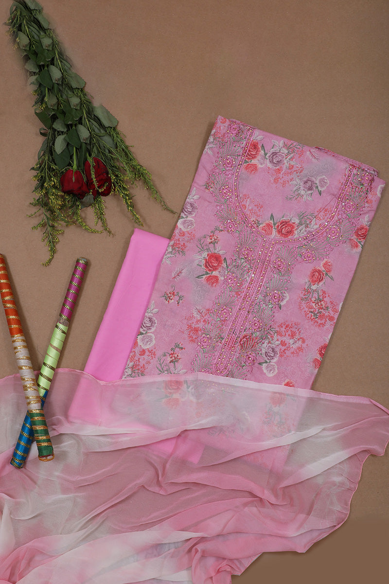 Pink Floral Jaam Silk Cotton Unstitched Suit Set with Dupatta