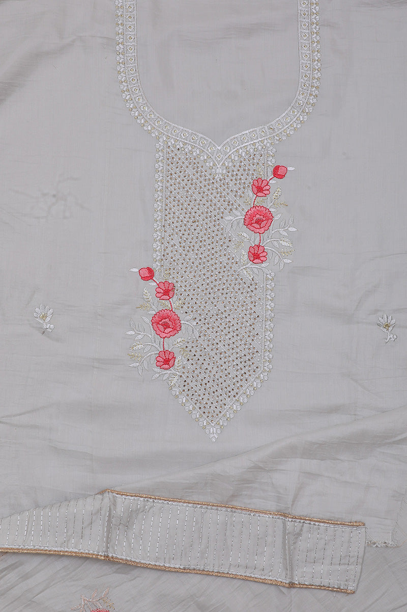 Gray Designer Jaam Silk Cotton Unstitched Suit Set with Dupatta