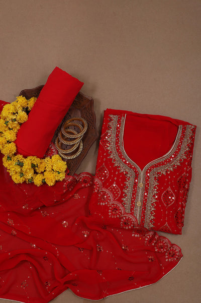 Red Georgette Embroidery Unstitched Suit Set with Dupatta