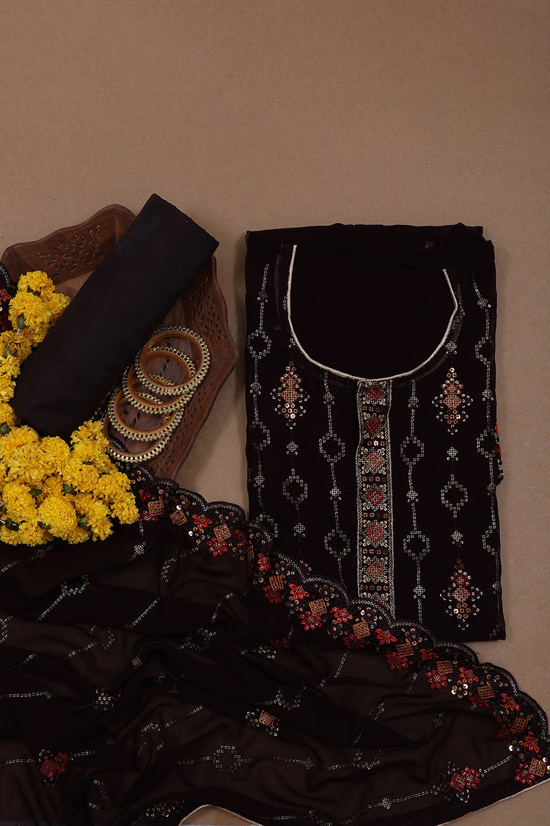 Brown Heavy Work Georgette Unstitched Suit Set with Dupatta