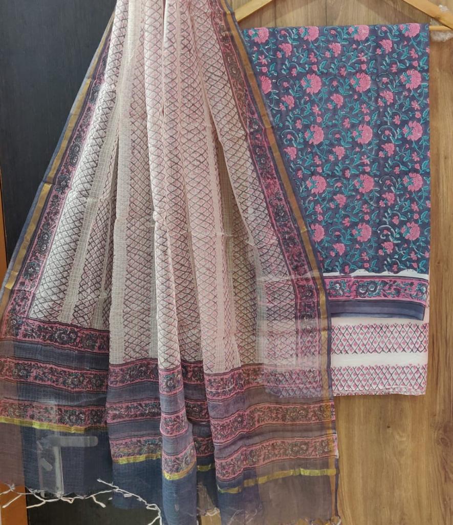Blue & Pink Flower Print Cotton Suit Set with Kota Doria Dupatta