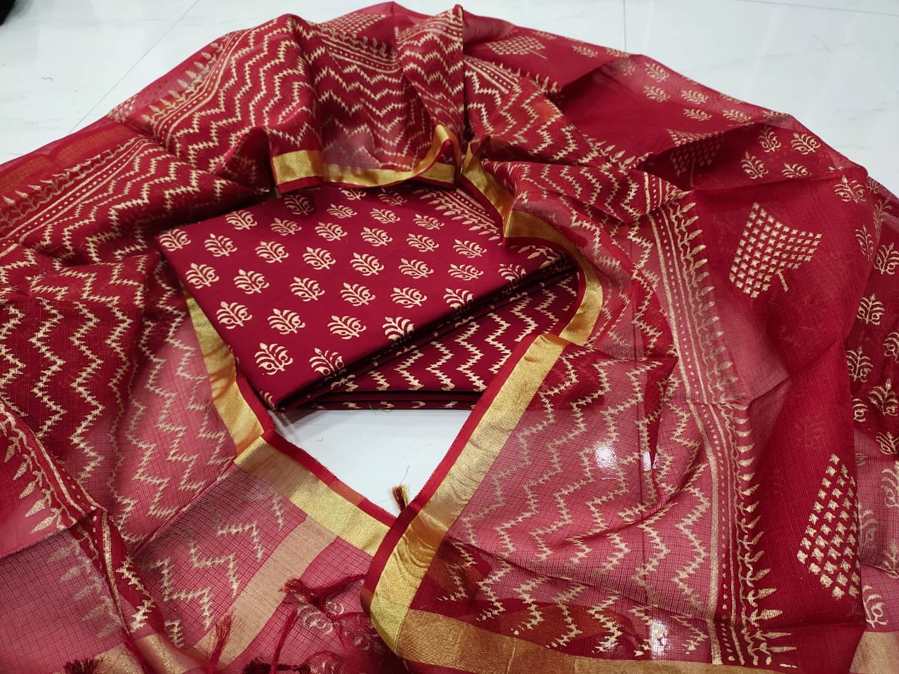 Dark Red Leaf Print Cotton Unstitched Suit Set with Silk Dupatta