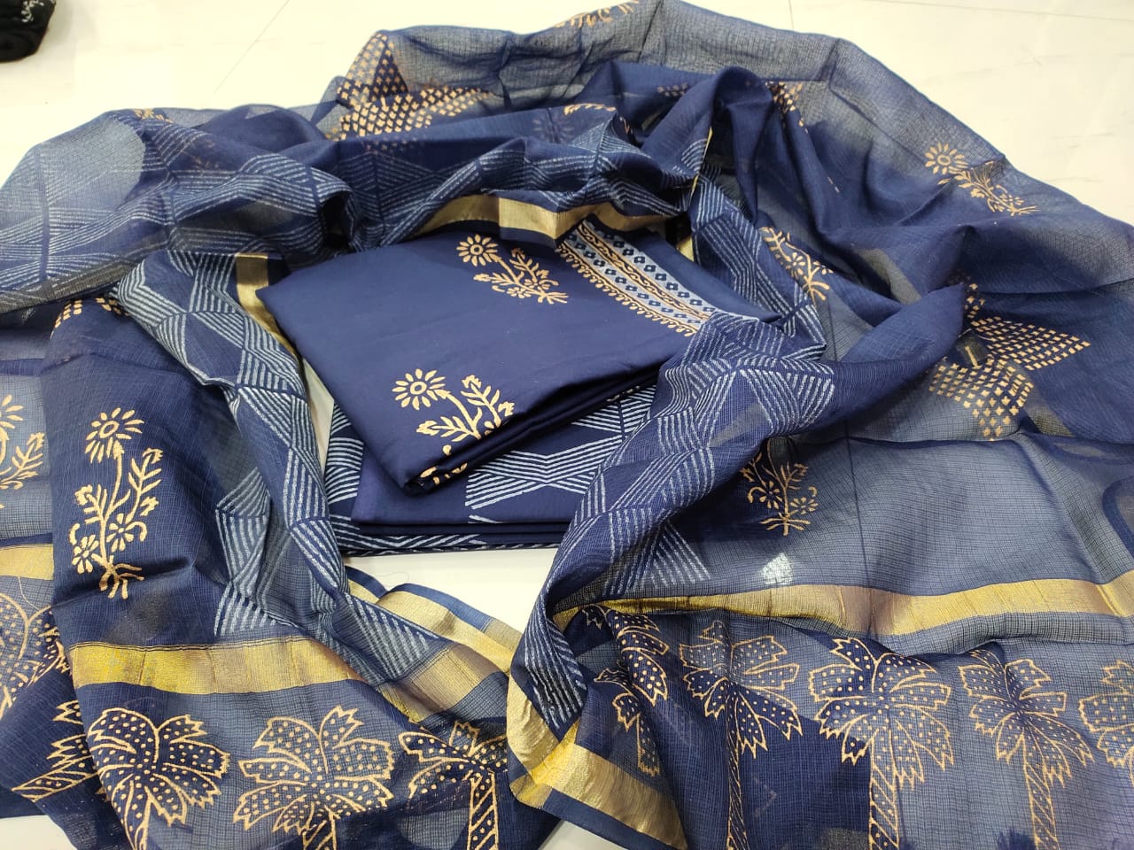 Blue Flower Print Cotton Unstitched Suit Set with Silk Dupatta