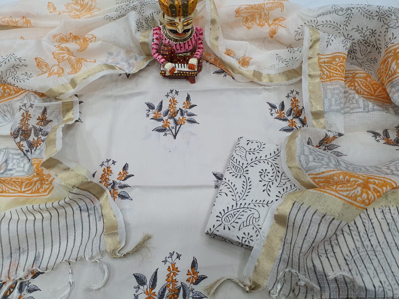 Creame Flower Print Cotton Unstitched Suit Set with Silk Dupatta