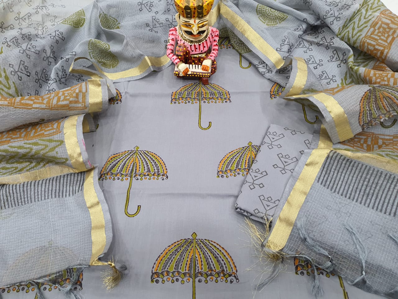 Light Grey Umbrella Print Cotton Unstitched Suit Set with Silk Dupatta