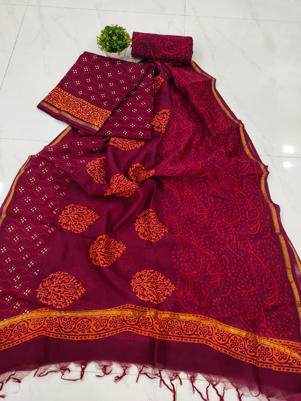 Dark Red Leaf Print Chanderi Silk Unstitched Suit Set with Chanderi Silk Dupatta