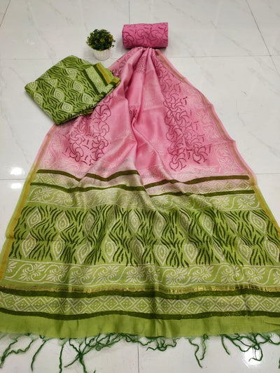 Pink & Green Printed Chanderi Silk Unstitched Suit Set with Chanderi Silk Dupatta