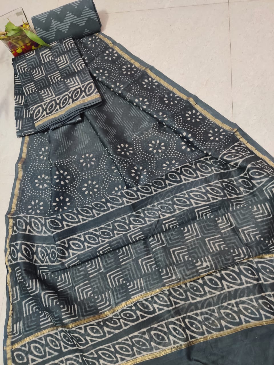 Grey Abstract Print Chanderi Silk Unstitched Suit Set with Chanderi Silk Dupatta