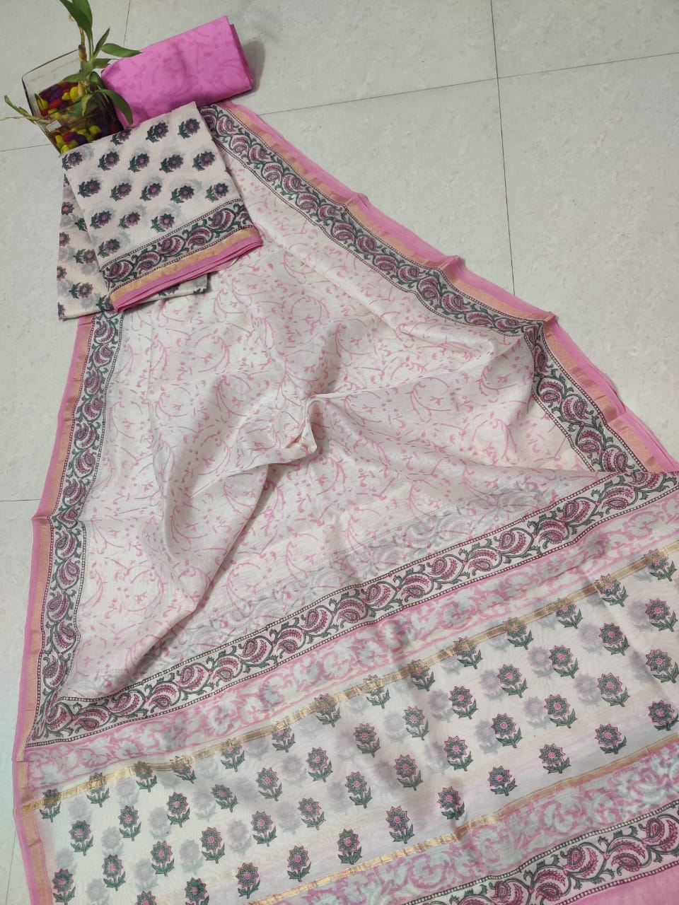 Light Pink Flower Print Chanderi Silk Unstitched Suit Set with Chanderi Silk Dupatta