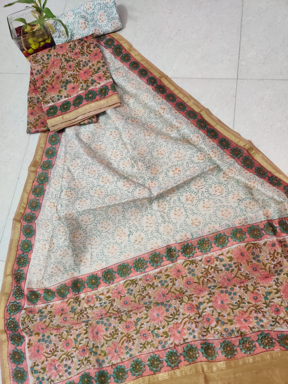 White & Pink Flower Print Chanderi Silk Unstitched Suit Set with Chanderi Silk Dupatta