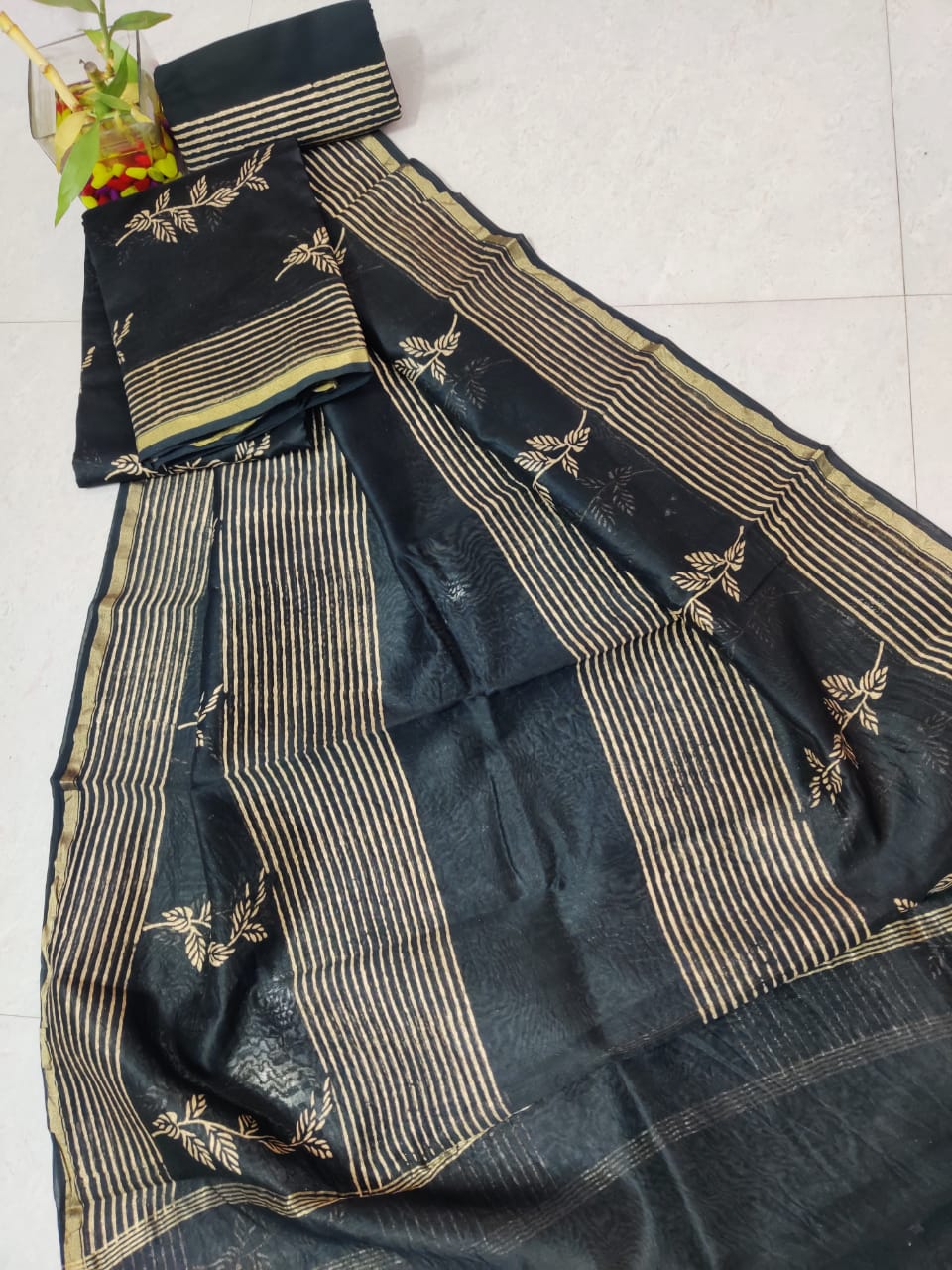 Black Leaf Print Chanderi Silk Unstitched Suit Set with Chanderi Silk Dupatta