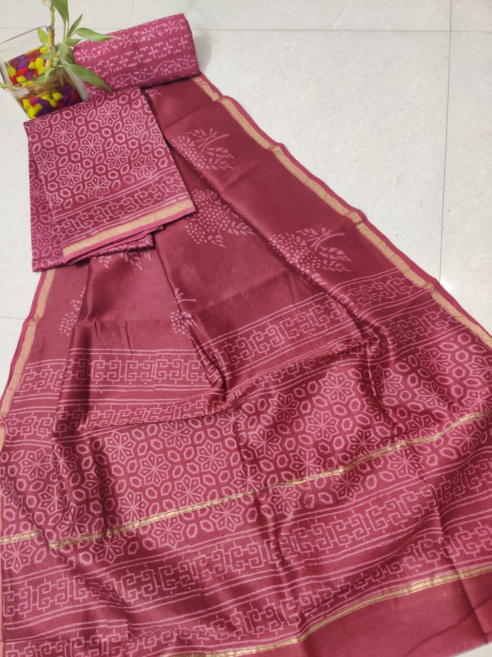 Cerise Leaf Print Chanderi Silk Unstitched Suit Set with Chanderi Silk Dupatta