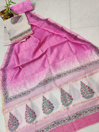 Pink Leaf Print Chanderi Silk Unstitched Suit Set with Chanderi Silk Dupatta