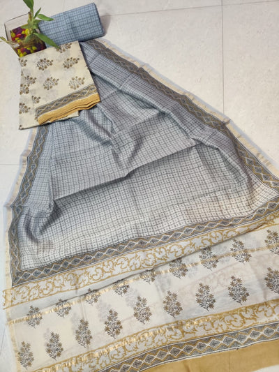 Light Grey & Cream Leaf Print Chanderi Silk Unstitched Suit Set with Chanderi Silk Dupatta