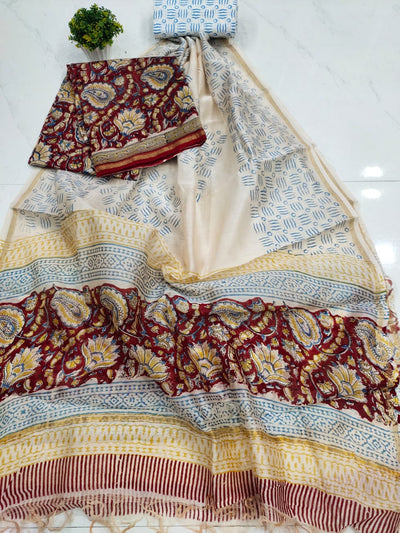 Peach & Brown Flower Print Chanderi Silk Unstitched Suit Set with Chanderi Silk Dupatta