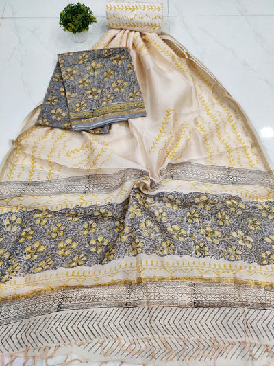 Peach & Grey Leaf Print Chanderi Silk Unstitched Suit Set with Chanderi Silk Dupatta