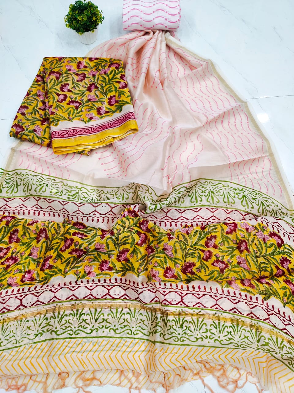 Pink & Yellow Flower Print Chanderi Silk Unstitched Suit Set with Chanderi Silk Dupatta