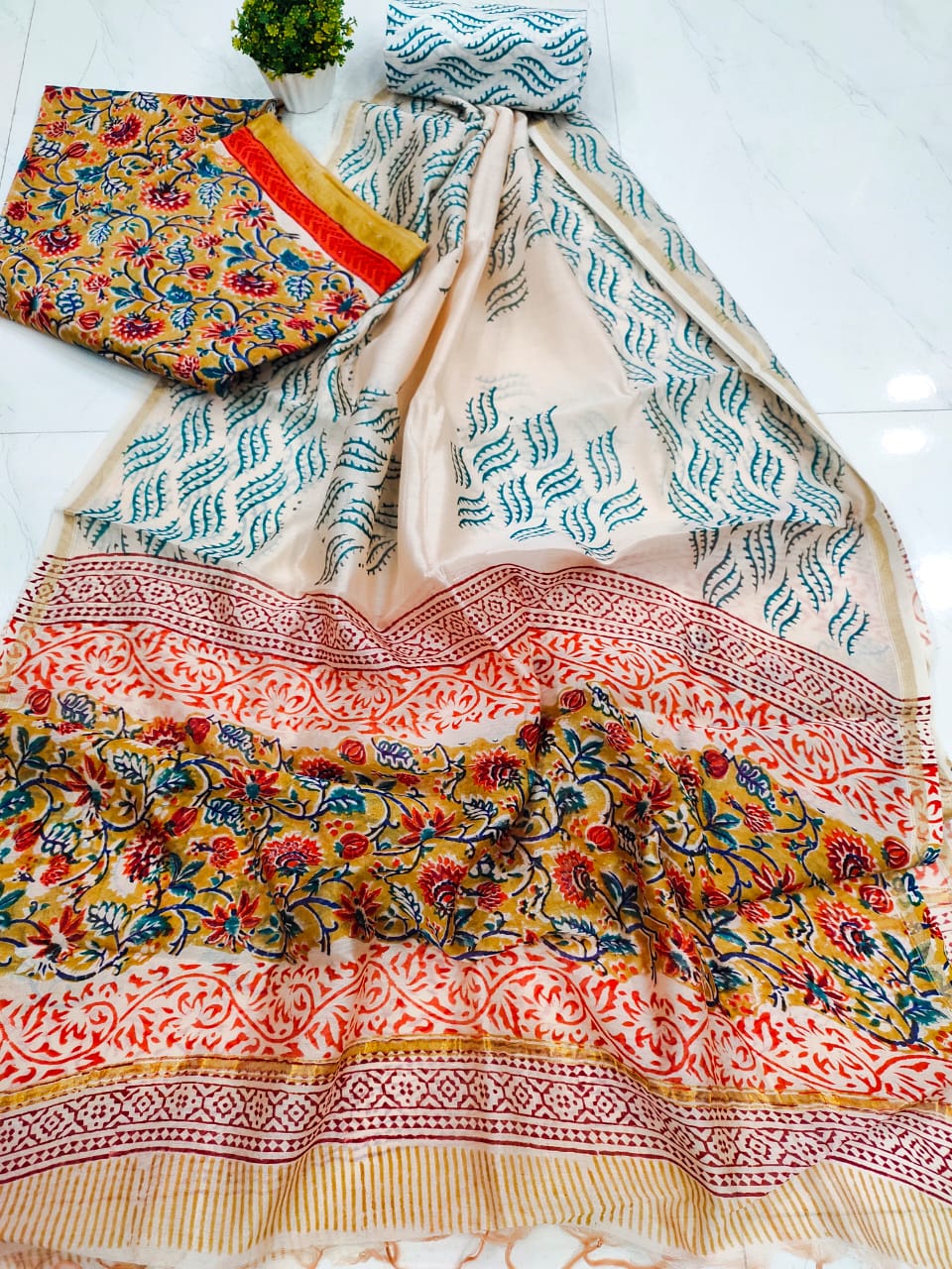 Cream Flower Print Chanderi Silk Unstitched Suit Set with Chanderi Silk Dupatta