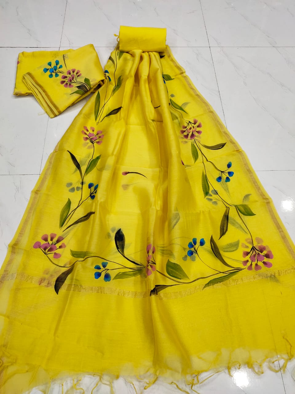 Yellow Flower Print Chanderi Silk Unstitched Suit Set with Chanderi Silk Dupatta