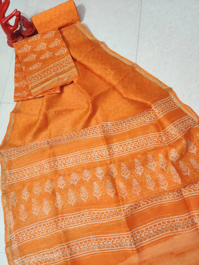Orange Leaf Chanderi Silk Unstitched Suit Set with Chanderi Silk Dupatta