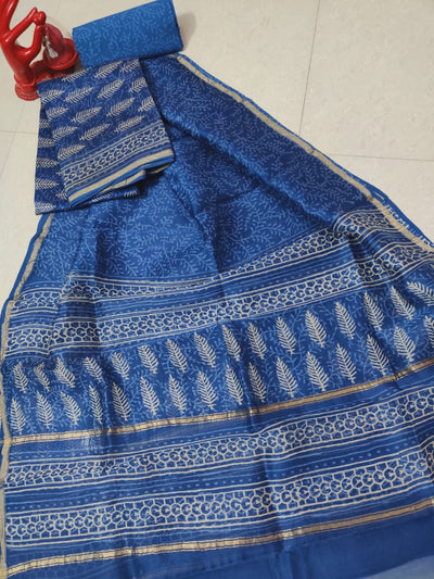 Blue Leaf Chanderi Silk Unstitched Suit Set with Chanderi Silk Dupatta