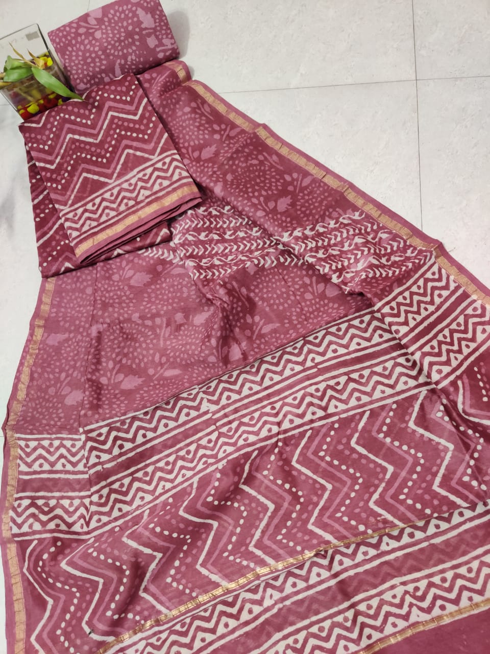 Dark Pink Abstract Print Chanderi Silk Unstitched Suit Set with Chanderi Silk Dupatta