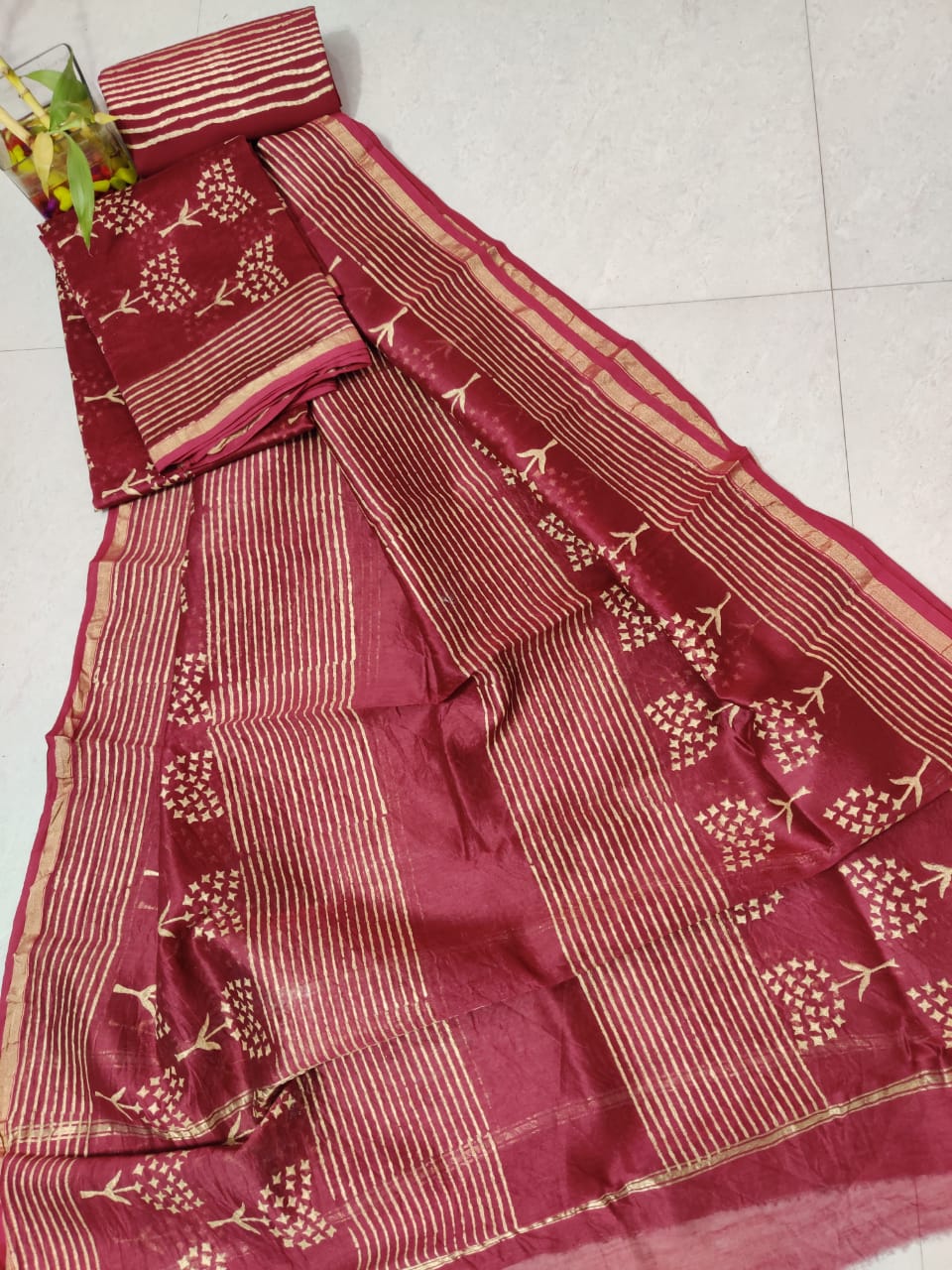 Maroon Flower Print Chanderi Silk Unstitched Suit Set with Chanderi Silk Dupatta