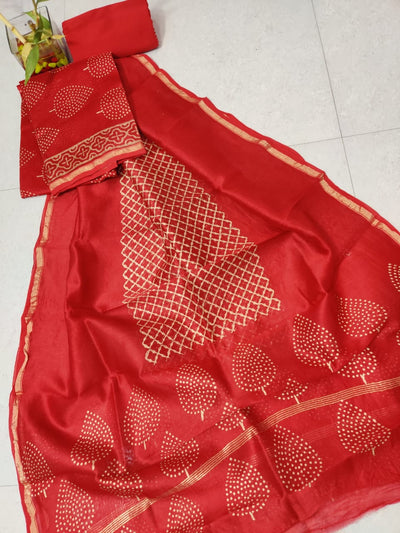 Red Leaf Chanderi Silk Unstitched Suit Set with Chanderi Silk Dupatta