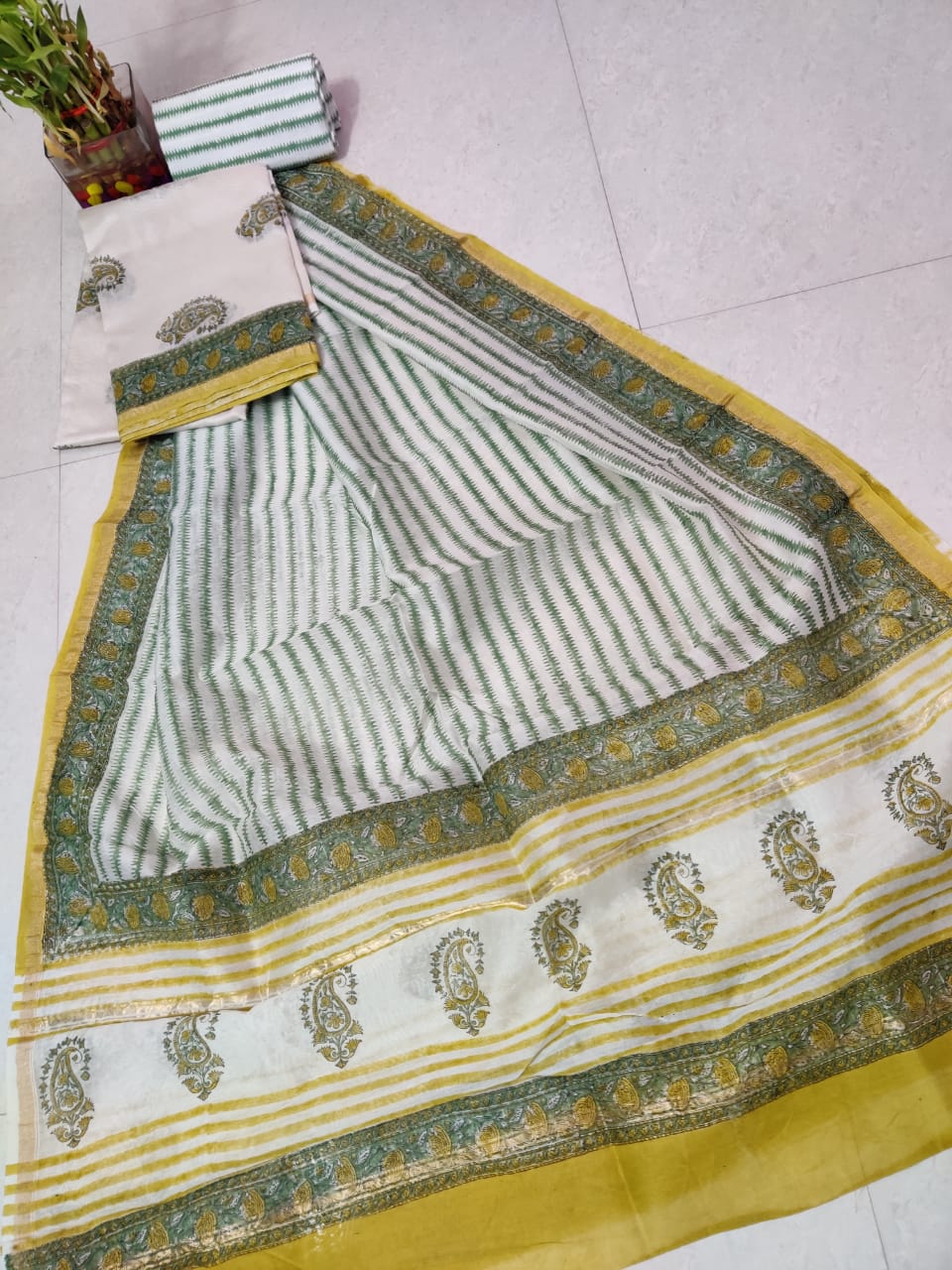 Green Butta Print Chanderi Silk Unstitched Suit Set with Chanderi Silk Dupatta
