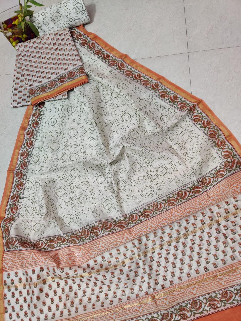 Peach Flower Print Chanderi Silk Unstitched Suit Set with Chanderi Silk Dupatta