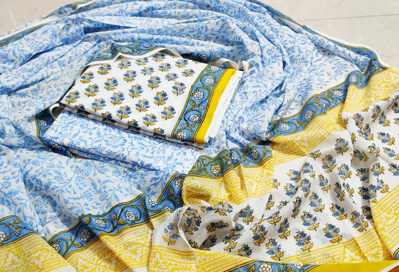 Blue & Yellow Flower Print Cotton Suit Set with Cotton Duppatta