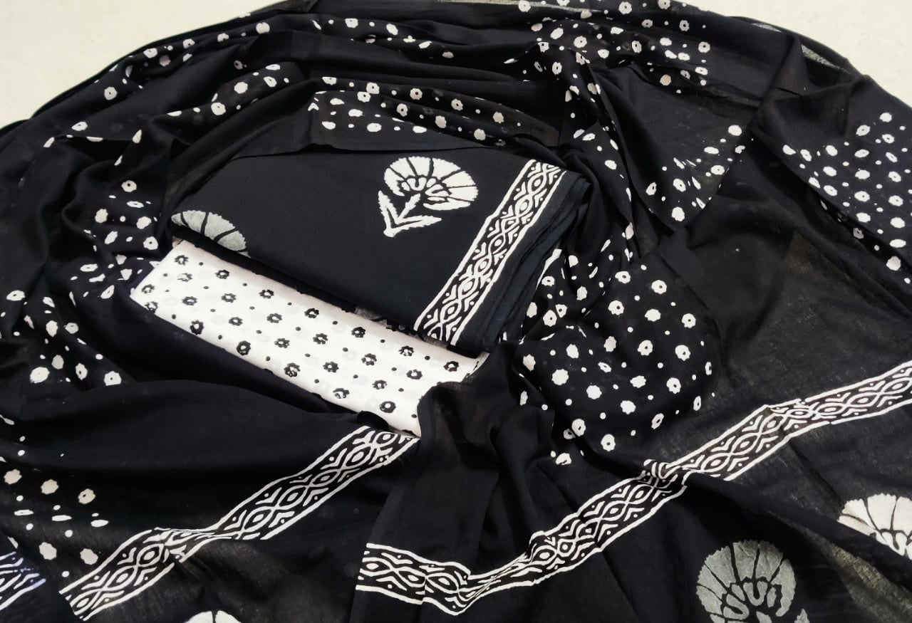 Black Flower Print Cotton Suit Set with Cotton Duppatta