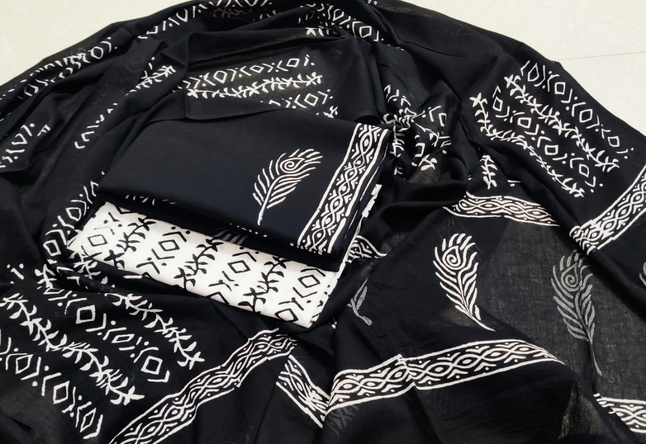 Black Leaf Print Cotton Suit Set with Cotton Duppatta