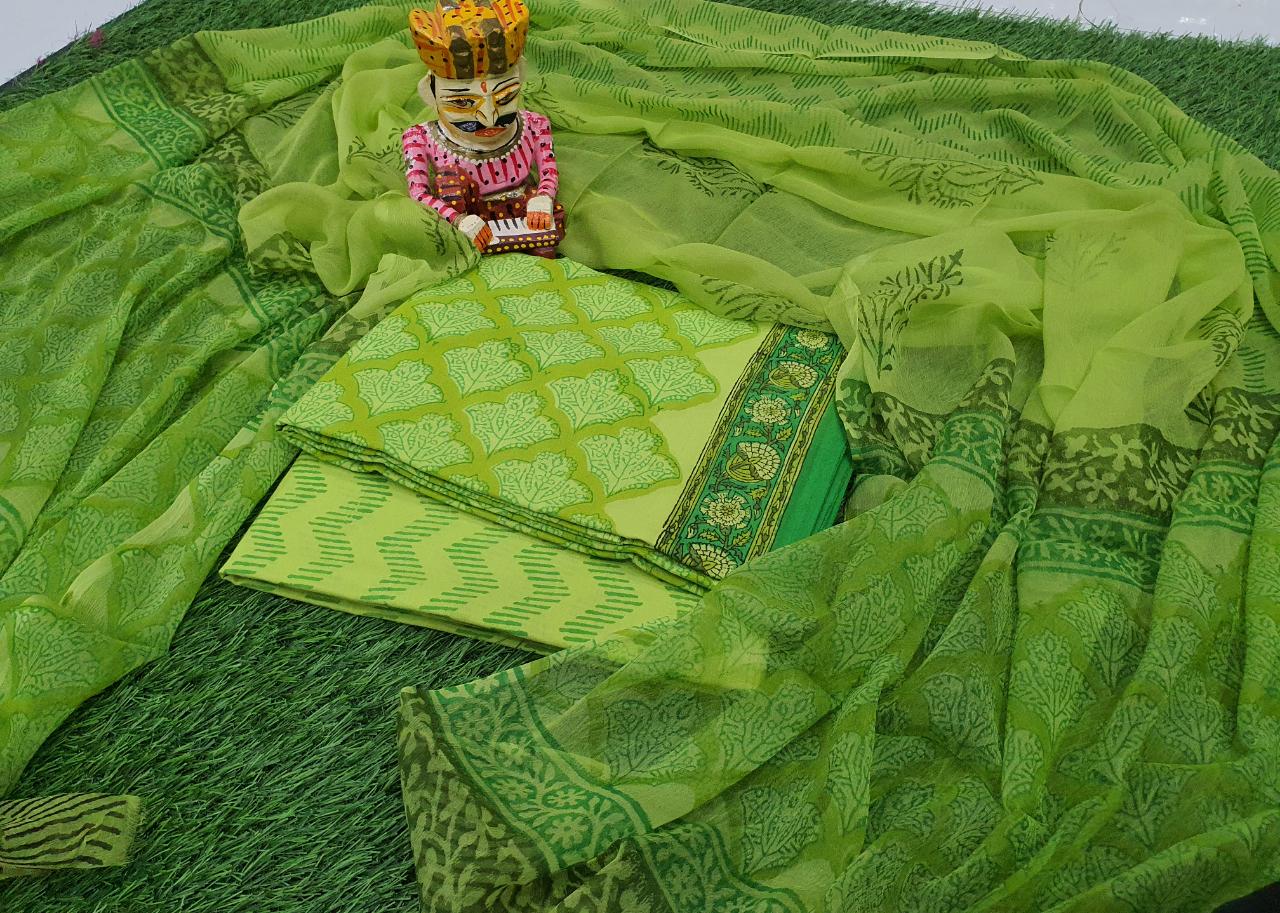 Green Flower Print Cotton Suit Set with Chiffon Dupatta