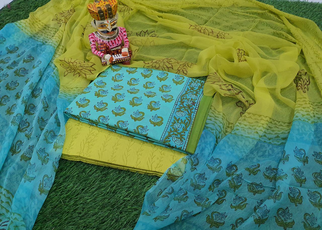 Green & Blue Flower Print Cotton Suit Set with Chiffon Dupatta