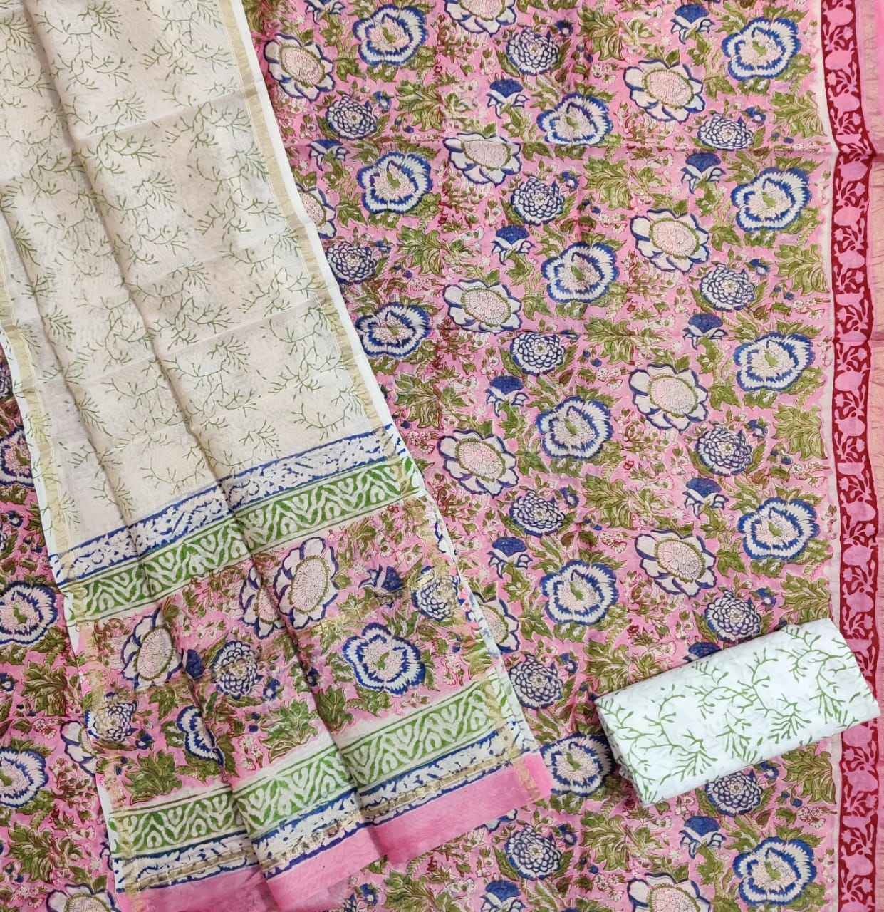 Pink Flower Print Chanderi Silk Unstitched Suit Set with Chanderi Silk Dupatta