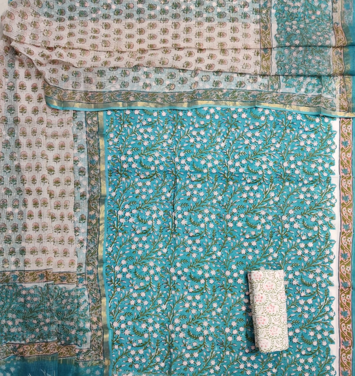 Sea Green Flower Print Cotton Suit Set with Kota Doria Duppatta