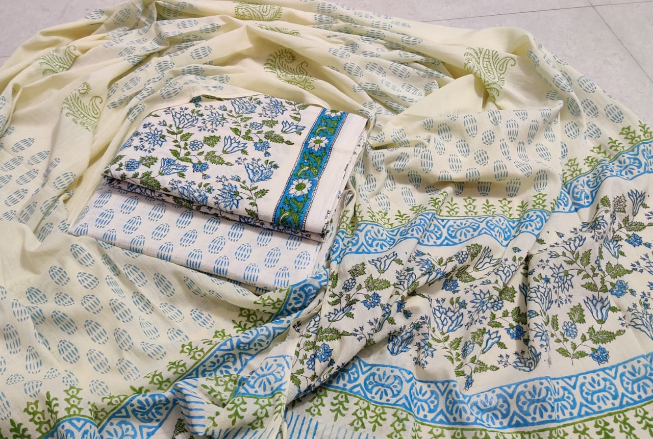 Cream Flower Print Cotton Suit Set with Cotton Duppatta