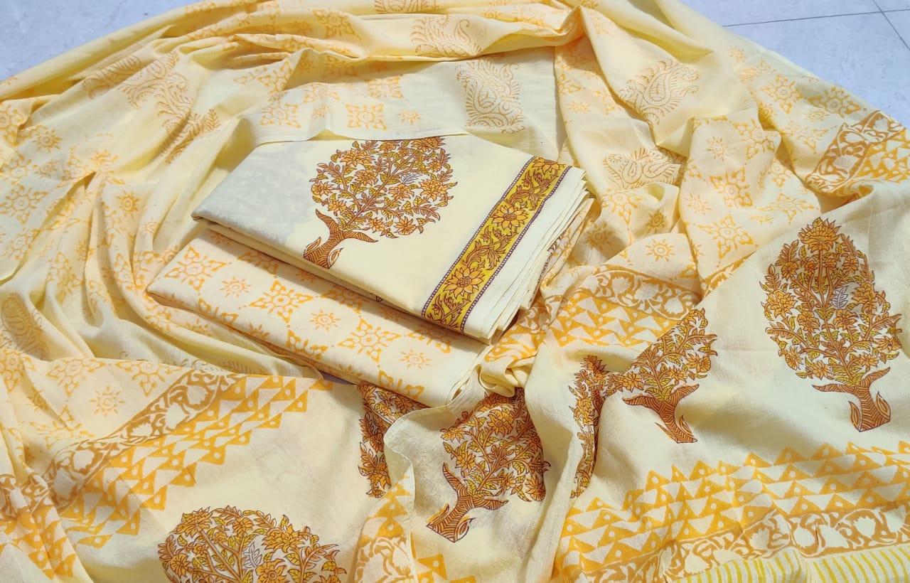 Yellow Flower Print Cotton Suit Set with Cotton Duppatta