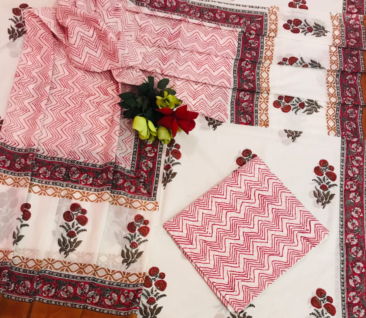 Red Flower Print Cotton Suit Set with Chiffon Dupatta