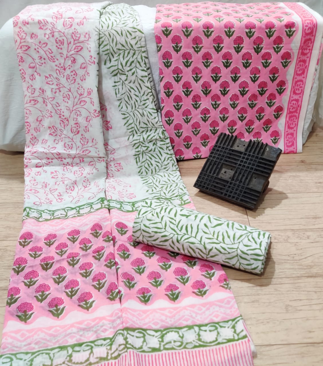 Pink Flower Cotton Suit Set with Cotton Duppatta