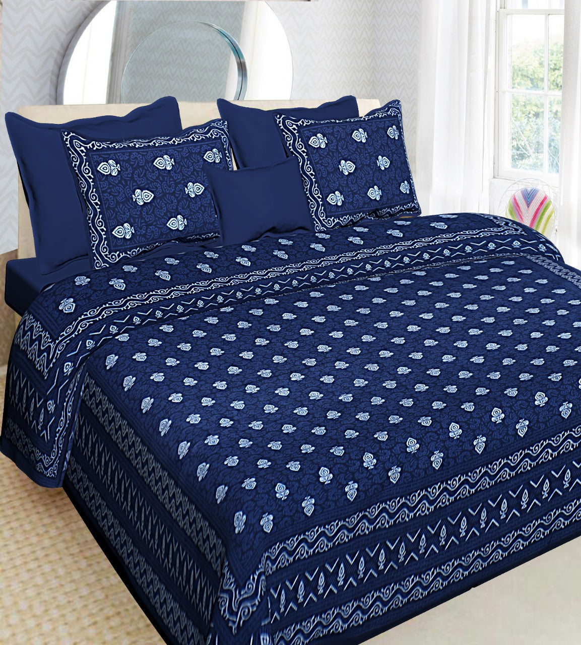 Blue Flower Print King Size Cotton Bed Sheet